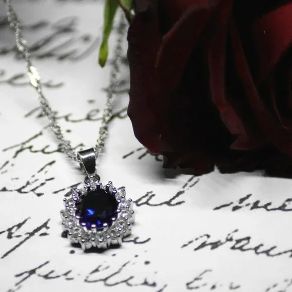 Fifth Avenue Vintage British Princess Wedding Blue Sapphire Pendant Necklace - Picture 2 of 12
